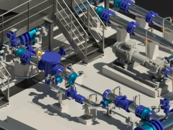 Tuyauterie industrielle : maquette 3D d'une station de pompage, vannes et passerelles